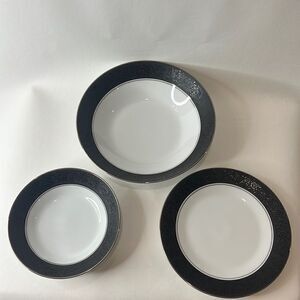 Noritake China 3 Piece Set Mirano, Japan Gray Floral Trim Silver White